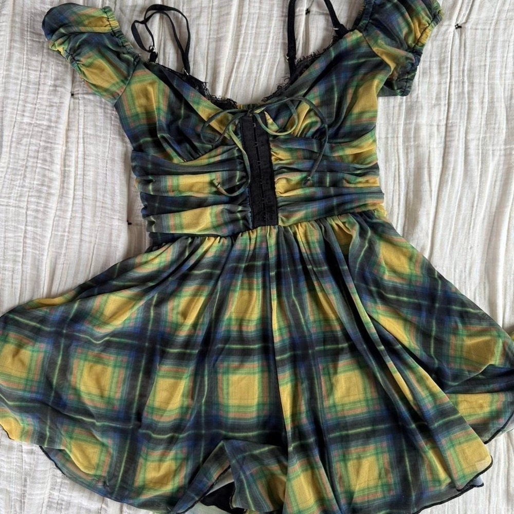 Urban Outfitters mesh plaid babydoll romper fairy grunge whimsygoth corset mini